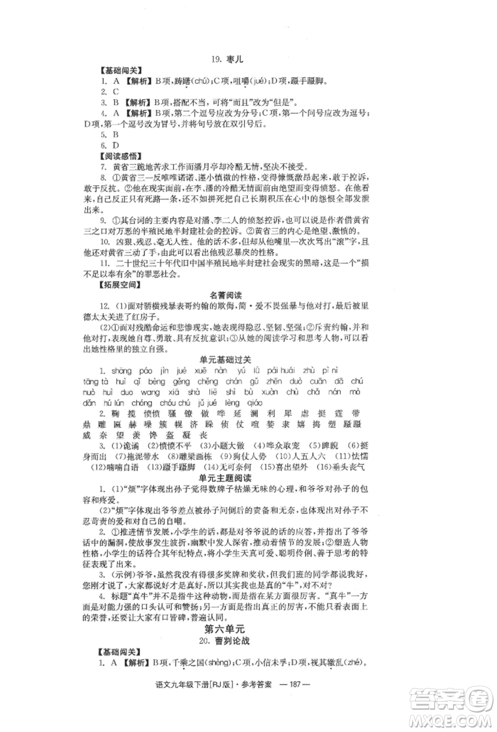 湖南教育出版社2022全效學(xué)習(xí)同步學(xué)練測(cè)九年級(jí)下冊(cè)語文人教版參考答案