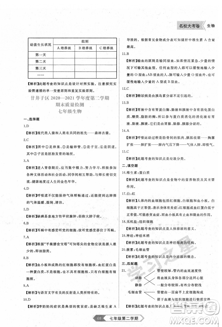 延邊大學(xué)出版社2022名校大考卷生物七年級(jí)下冊(cè)人教版大連專(zhuān)版答案