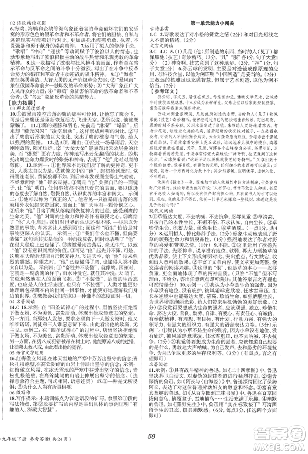 北京時代華文書局2022全效學(xué)習(xí)學(xué)業(yè)評價方案九年級下冊語文人教版參考答案
