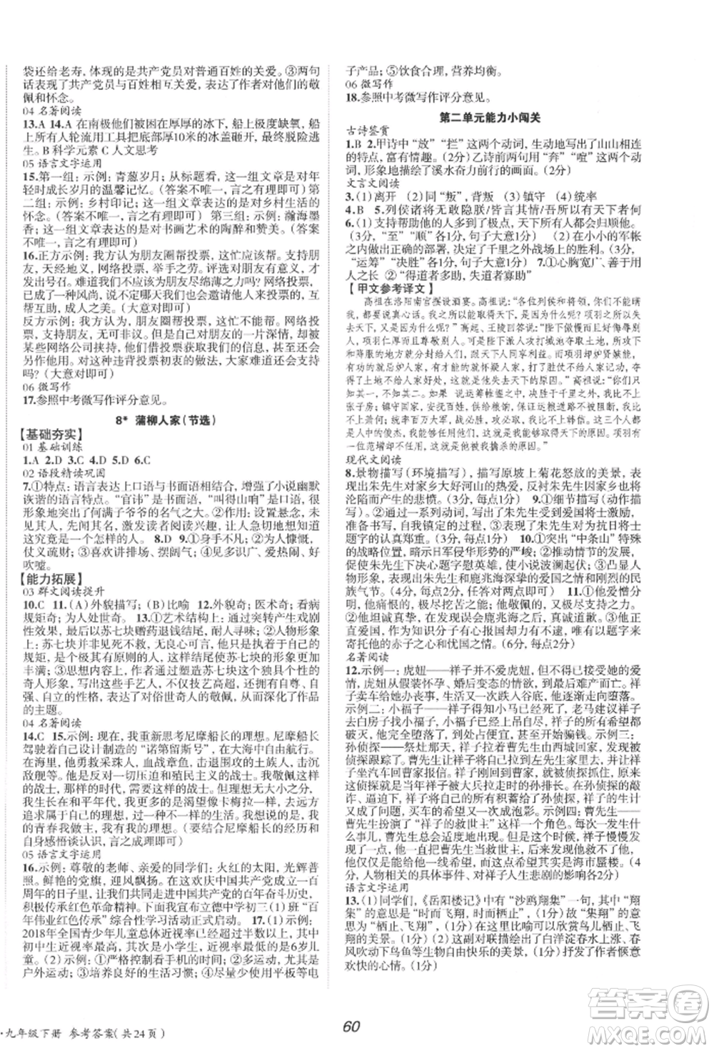 北京時代華文書局2022全效學(xué)習(xí)學(xué)業(yè)評價方案九年級下冊語文人教版參考答案