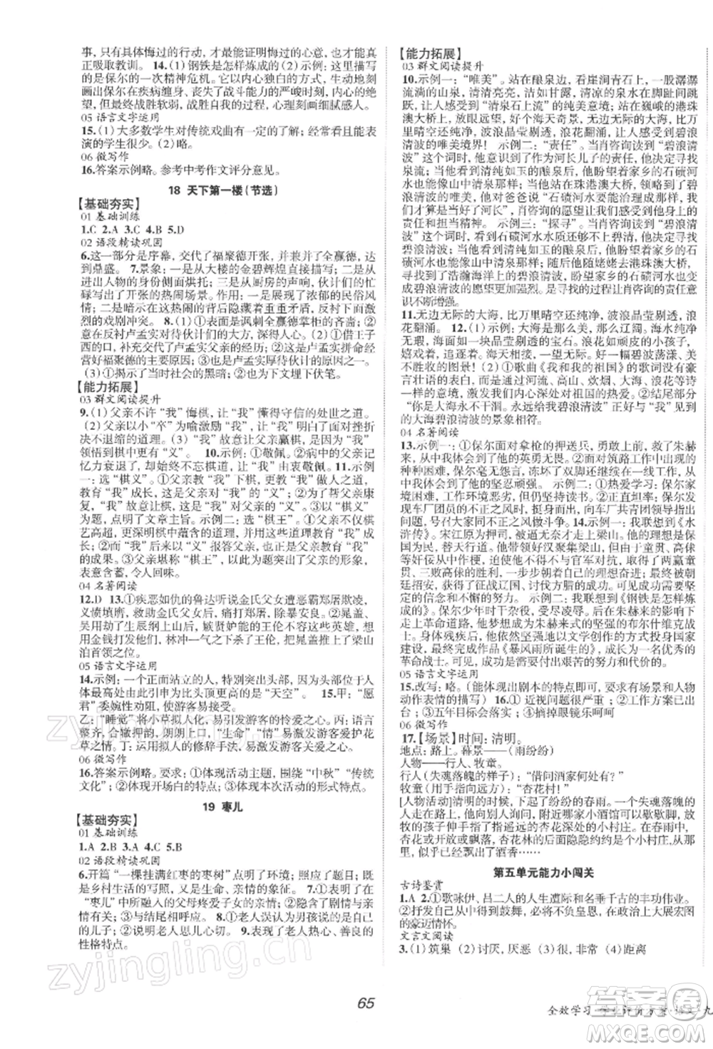 北京時代華文書局2022全效學(xué)習(xí)學(xué)業(yè)評價方案九年級下冊語文人教版參考答案