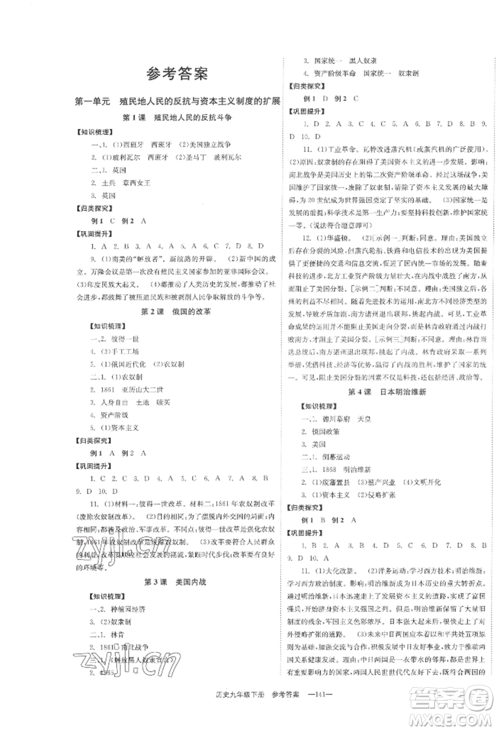 北京時(shí)代華文書局2022全效學(xué)習(xí)學(xué)業(yè)評(píng)價(jià)方案九年級(jí)下冊(cè)世界歷史人教版參考答案