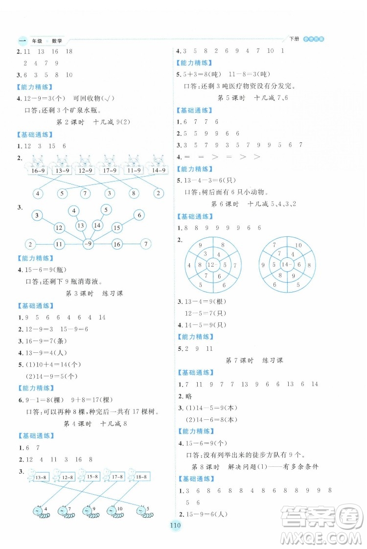 延邊人民出版社2022優(yōu)秀生作業(yè)本數(shù)學(xué)一年級(jí)下冊人教版參考答案