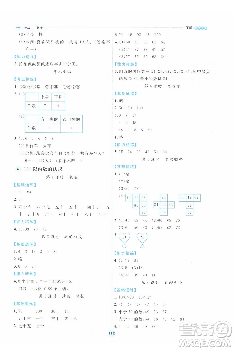 延邊人民出版社2022優(yōu)秀生作業(yè)本數(shù)學(xué)一年級(jí)下冊人教版參考答案