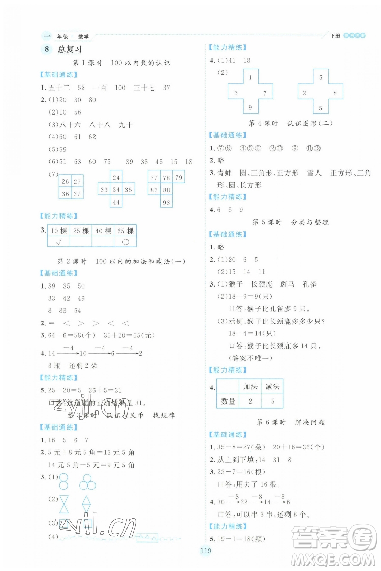 延邊人民出版社2022優(yōu)秀生作業(yè)本數(shù)學(xué)一年級(jí)下冊人教版參考答案