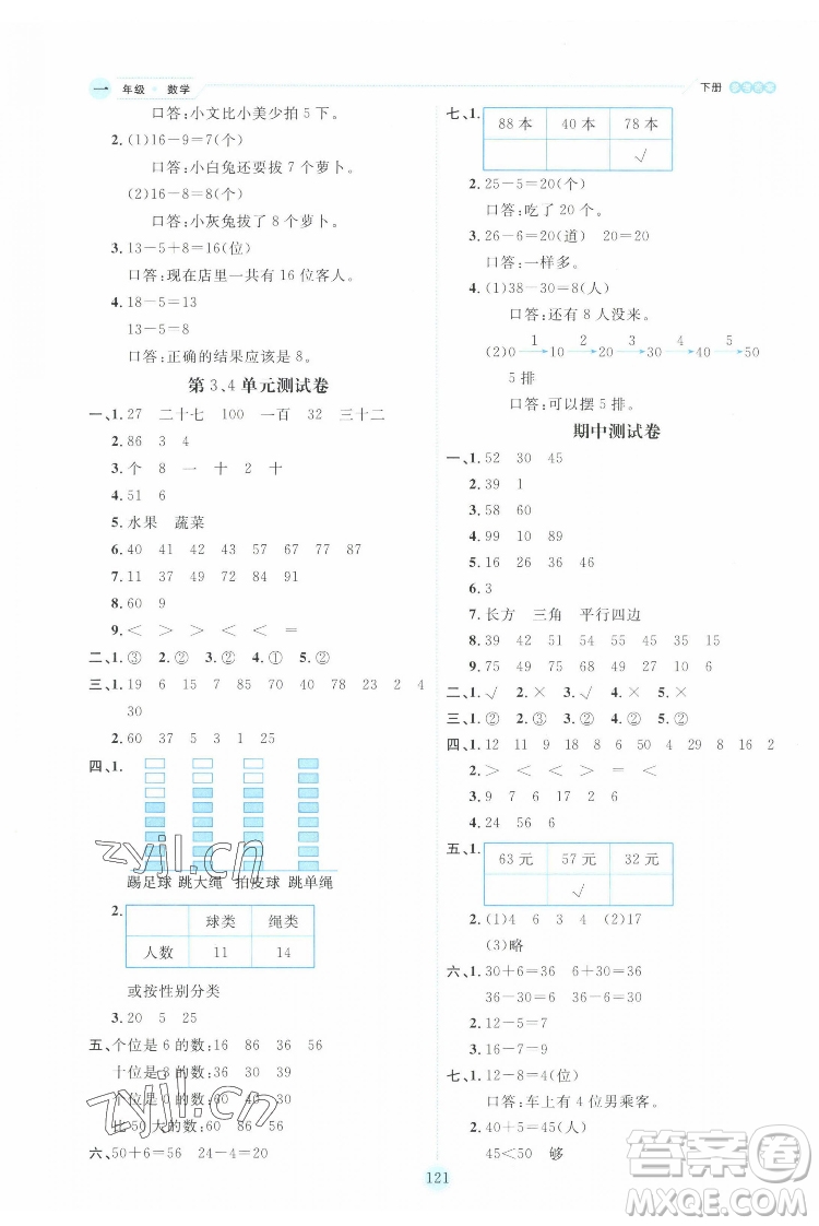 延邊人民出版社2022優(yōu)秀生作業(yè)本數(shù)學(xué)一年級(jí)下冊人教版參考答案
