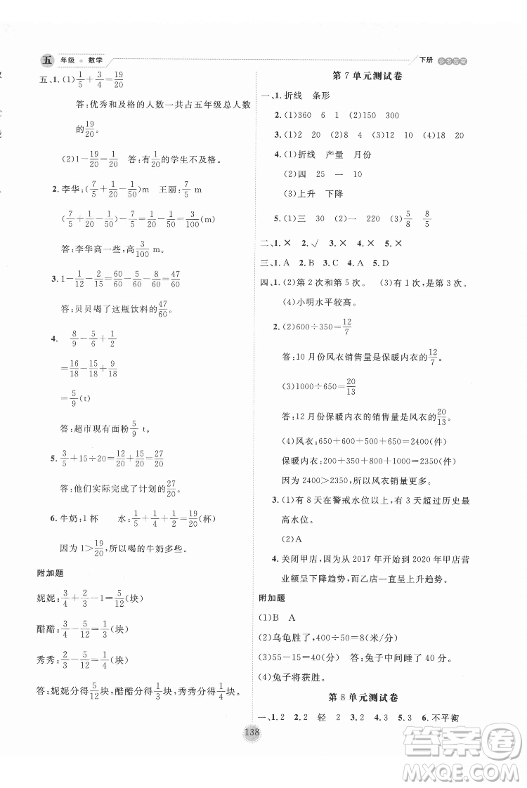 延邊人民出版社2022優(yōu)秀生作業(yè)本數(shù)學五年級下冊人教版參考答案