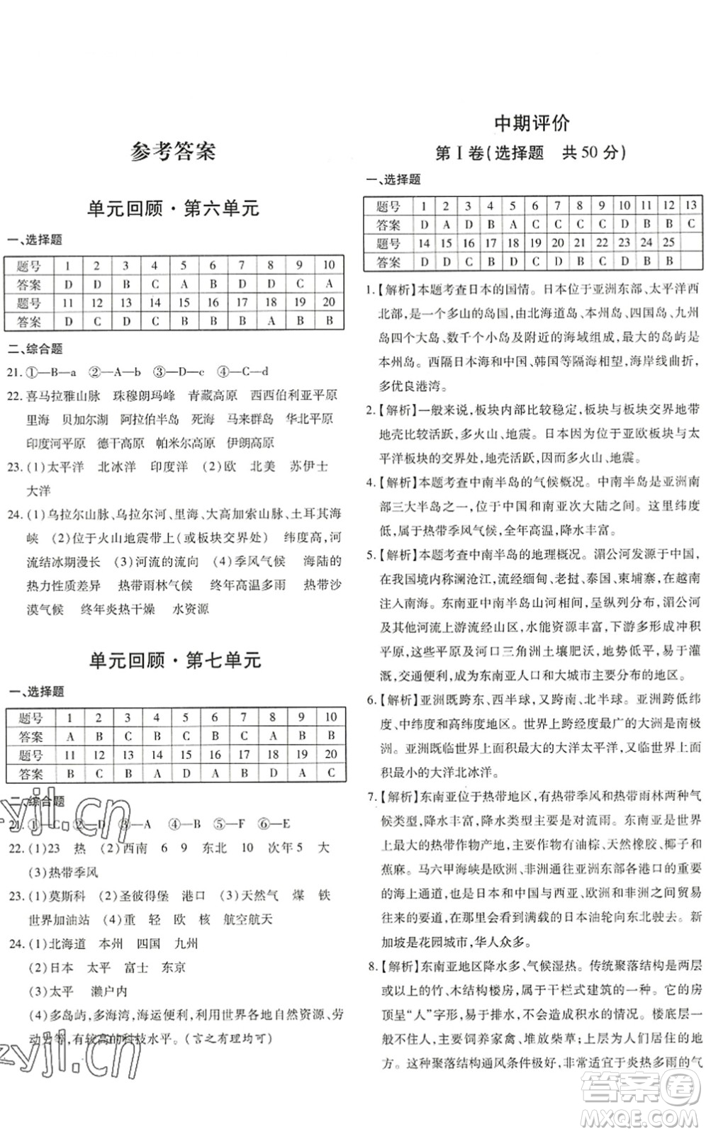 新疆青少年出版社2022優(yōu)學(xué)1+1評(píng)價(jià)與測(cè)試七年級(jí)地理下冊(cè)人教版答案