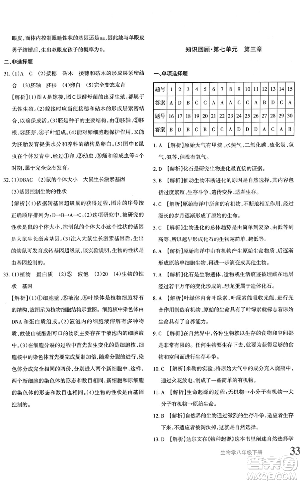 新疆青少年出版社2022優(yōu)學(xué)1+1評(píng)價(jià)與測試八年級(jí)生物下冊(cè)人教版答案