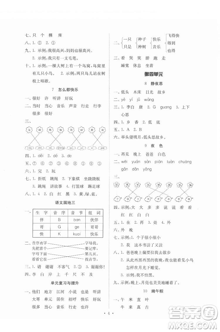 廣東人民出版社2022同步精練語(yǔ)文一年級(jí)下冊(cè)人教版答案