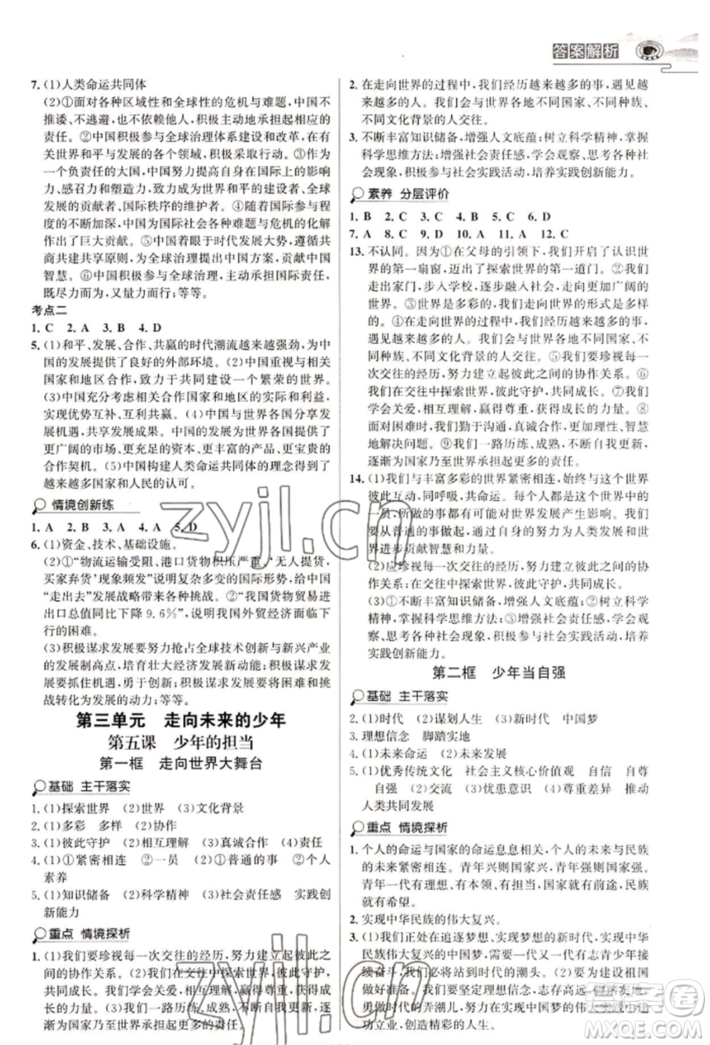 延邊大學(xué)出版社2022世紀(jì)金榜初中學(xué)習(xí)方略九年級(jí)道德與法治人教版深圳專版參考答案