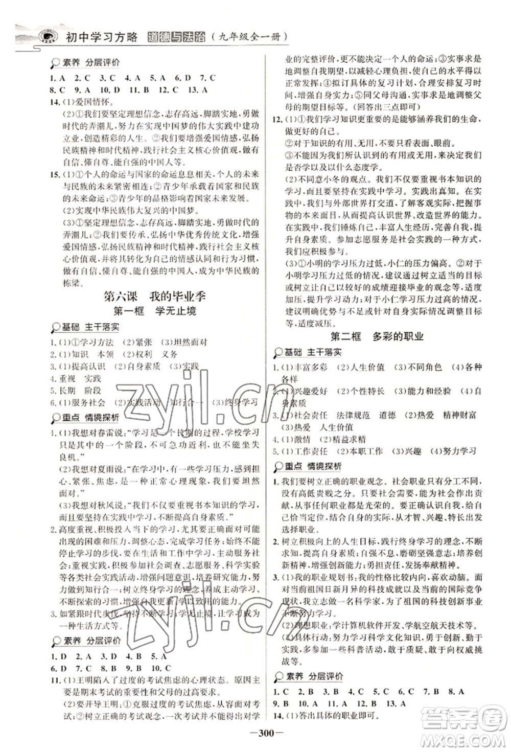 延邊大學(xué)出版社2022世紀(jì)金榜初中學(xué)習(xí)方略九年級(jí)道德與法治人教版深圳專版參考答案