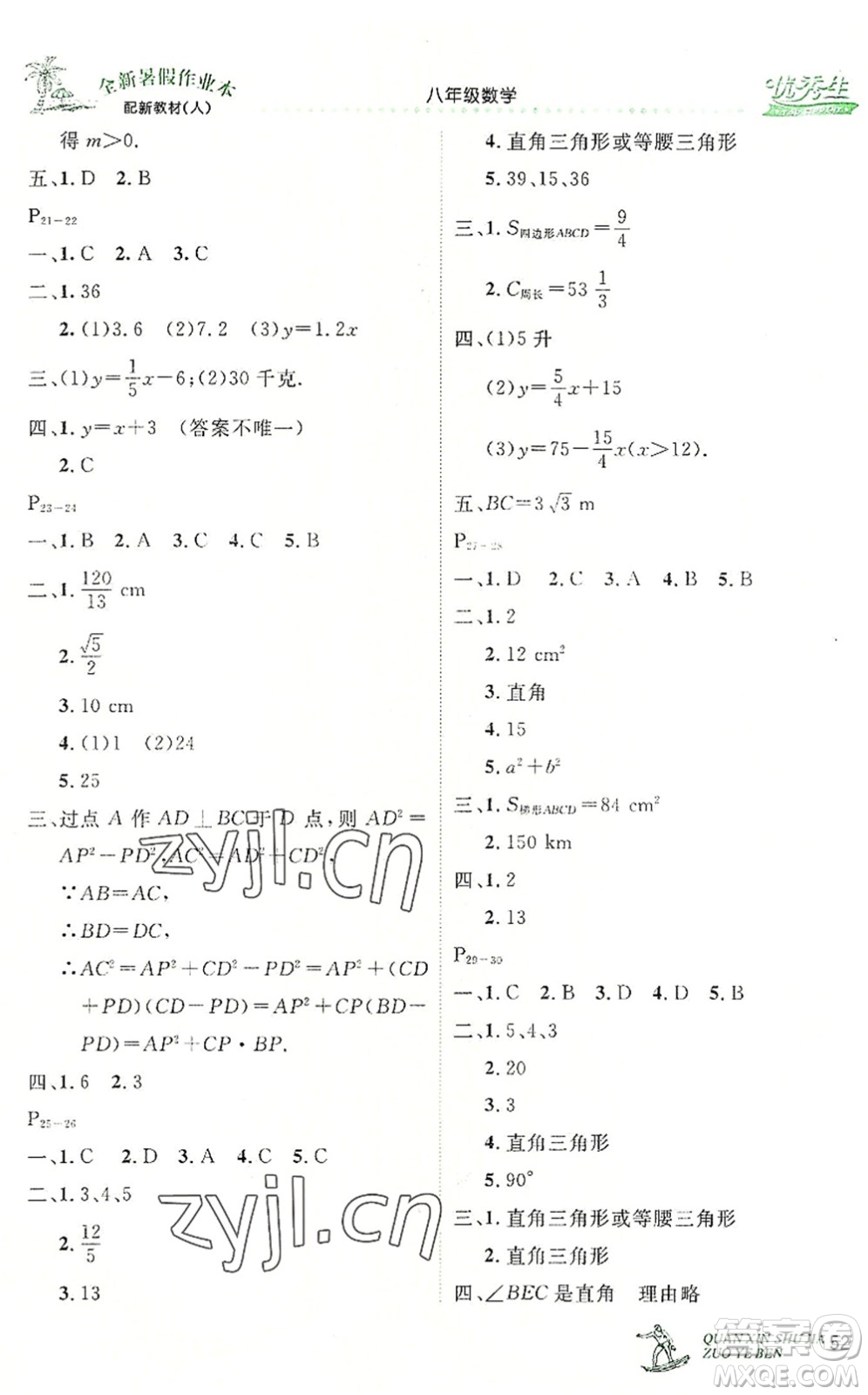 延邊人民出版社2022優(yōu)秀生快樂(lè)假期每一天全新暑假作業(yè)本八年級(jí)數(shù)學(xué)人教課標(biāo)版答案