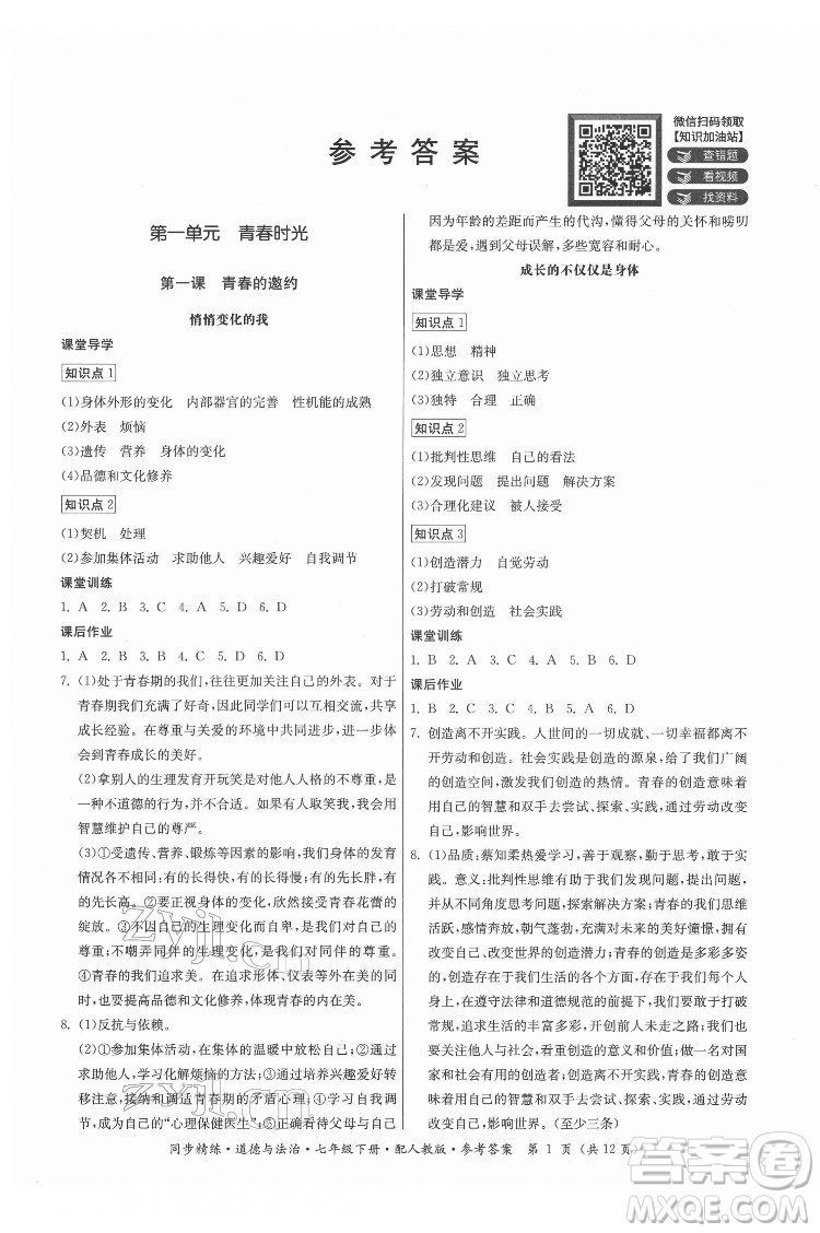 廣東人民出版社2022同步精練道德與法治七年級下冊人教版答案