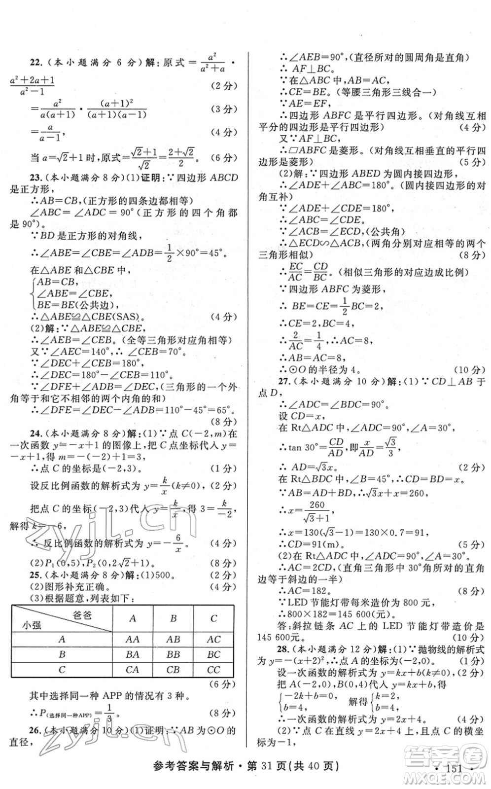 陜西師范大學出版總社2022青海省中考模擬試卷數(shù)學通用版答案