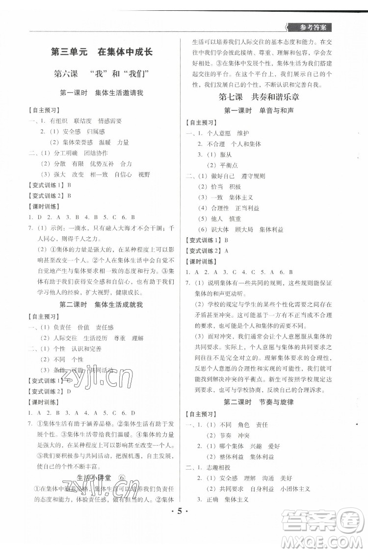 廣東人民出版社2022同步精練道德與法治七年級下冊人教版東莞專版答案