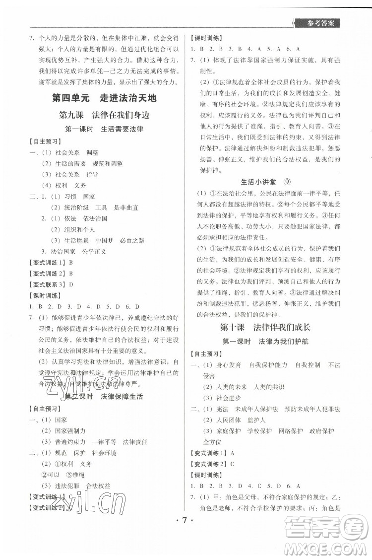 廣東人民出版社2022同步精練道德與法治七年級下冊人教版東莞專版答案