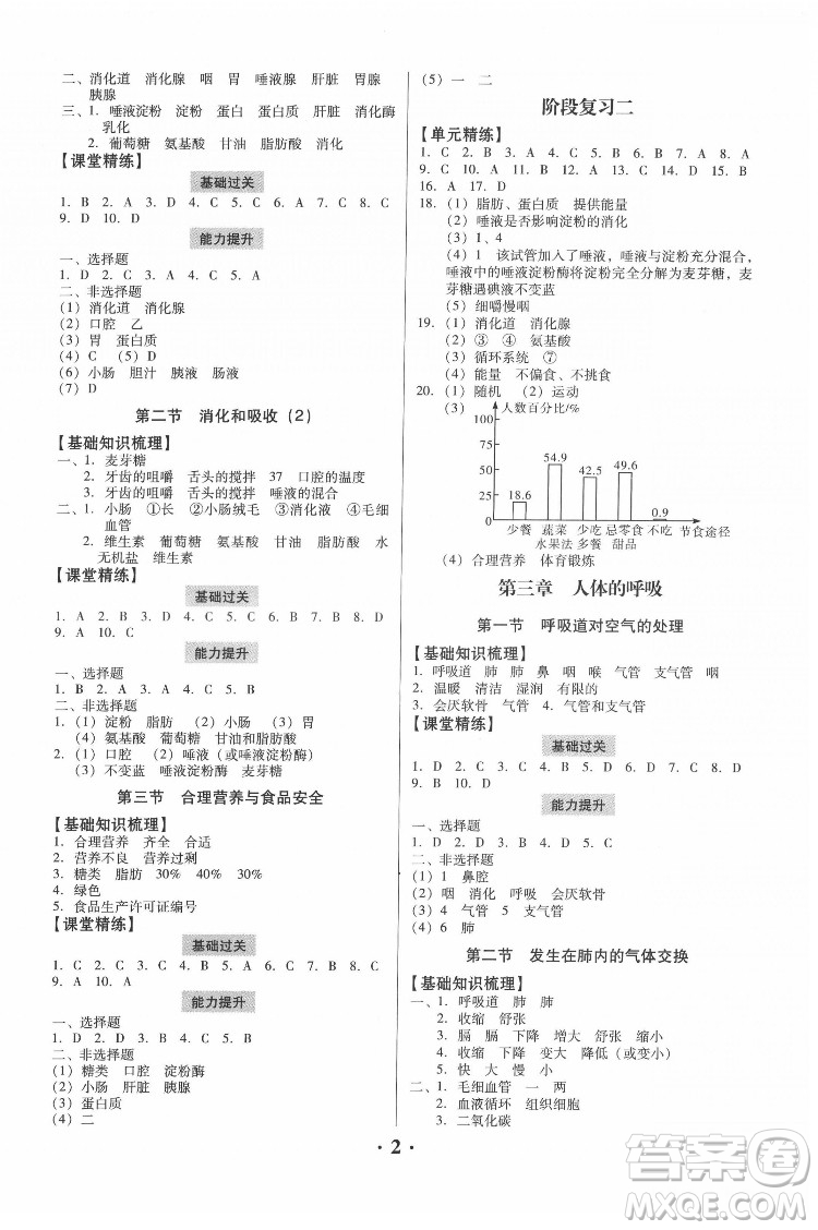 廣東人民出版社2022同步精練生物學七年級下冊人教版東莞專版答案