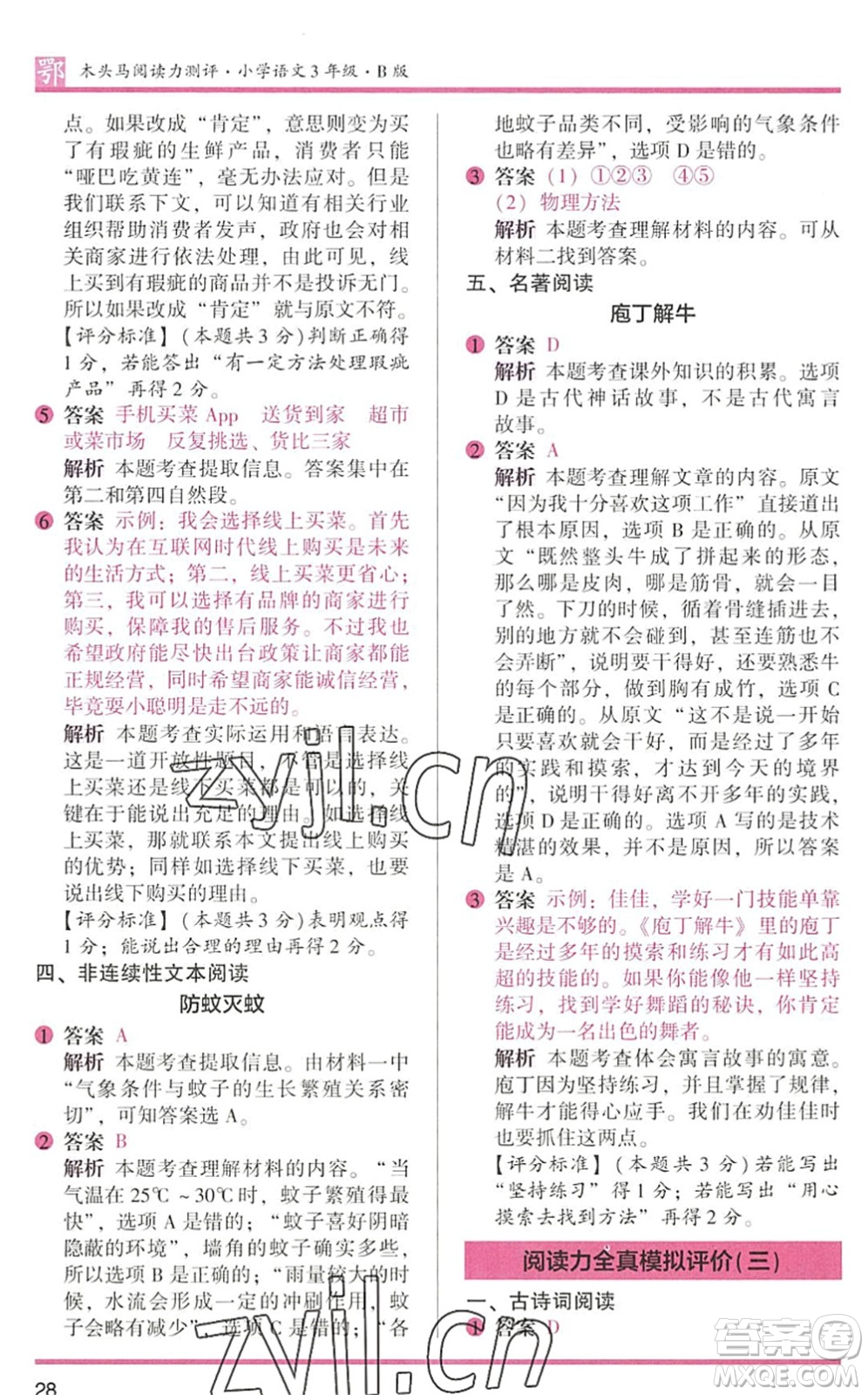 江蘇鳳凰文藝出版社2022木頭馬閱讀力測(cè)評(píng)三年級(jí)語(yǔ)文下冊(cè)B版武漢專版答案