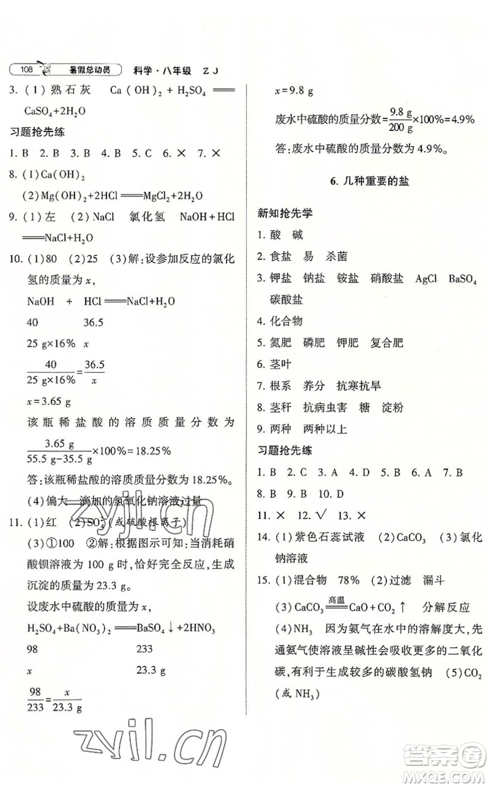 寧夏人民教育出版社2022經(jīng)綸學(xué)典暑假總動員八年級科學(xué)ZJ浙教版答案