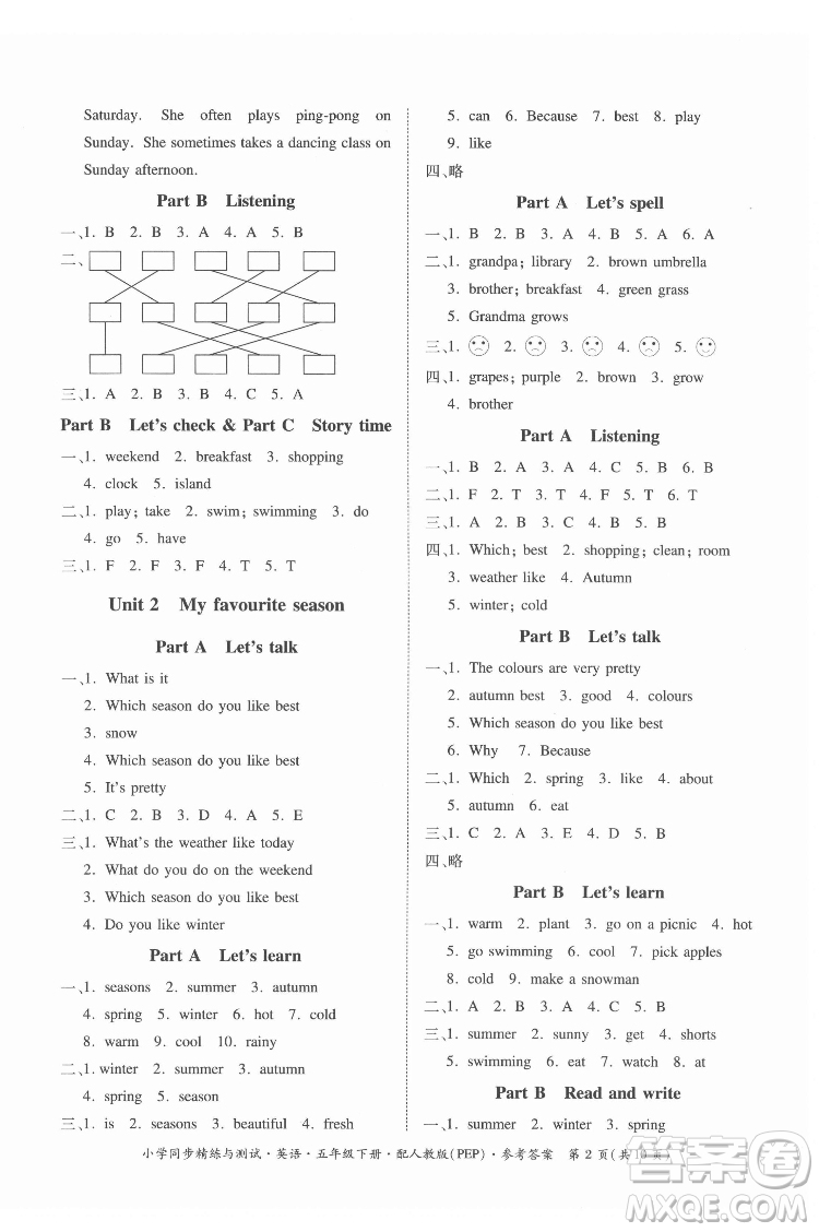 廣東教育出版社2022小學(xué)同步精練與測(cè)試英語(yǔ)五年級(jí)下冊(cè)人教版答案