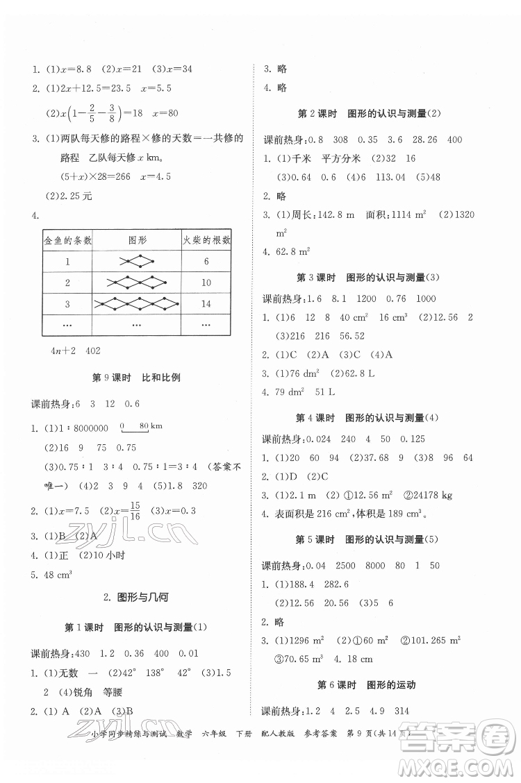 廣東教育出版社2022小學(xué)同步精練與測試數(shù)學(xué)六年級(jí)下冊人教版答案