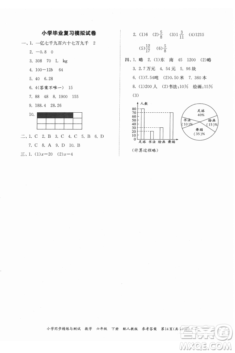 廣東教育出版社2022小學(xué)同步精練與測試數(shù)學(xué)六年級(jí)下冊人教版答案