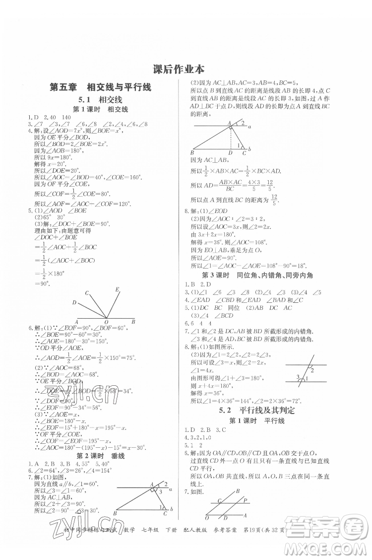 廣東教育出版社2022初中同步精練與測試數(shù)學七年級下冊人教版答案