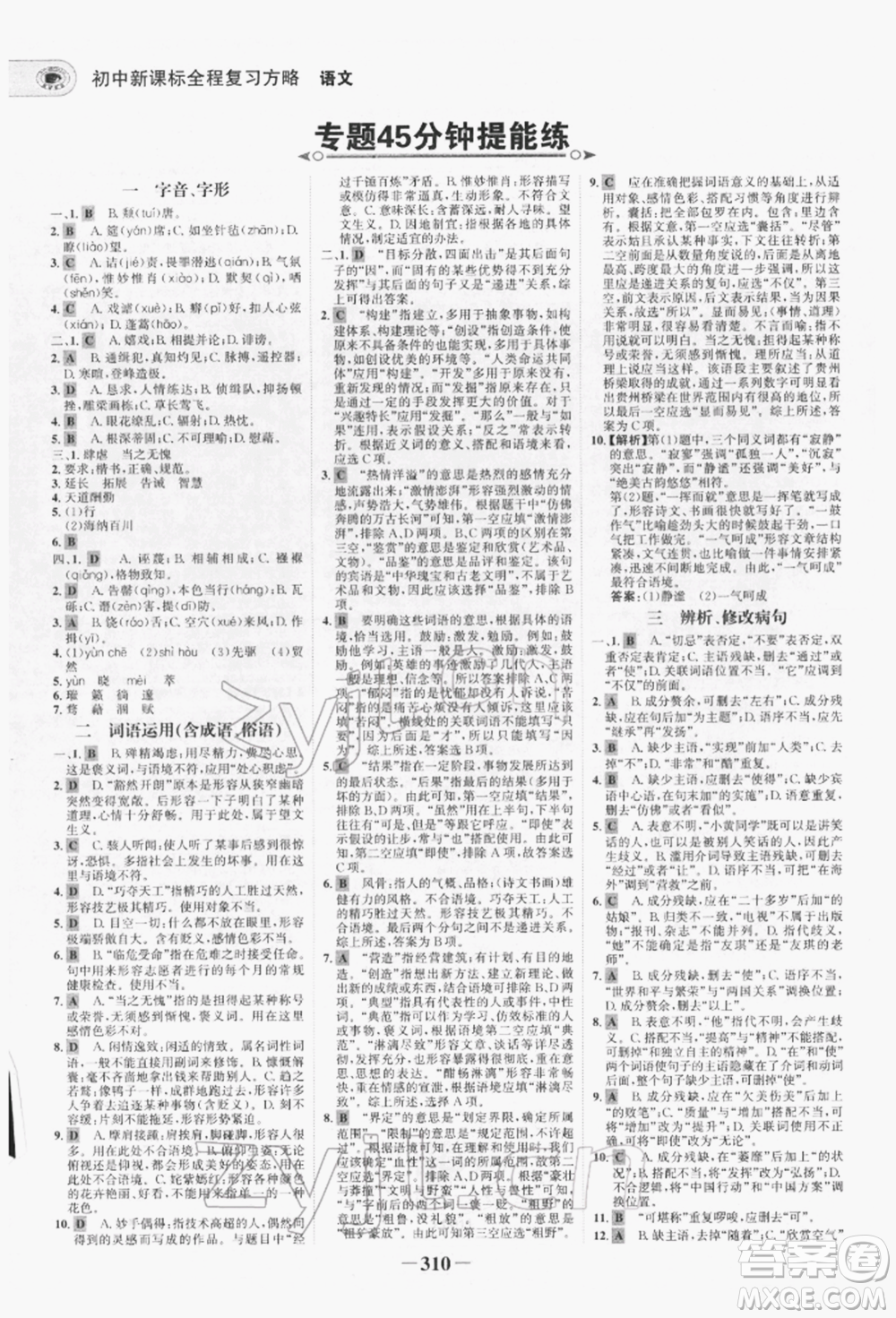 未來出版社2022世紀(jì)金榜初中全程復(fù)習(xí)方略語文人教版青海專版參考答案