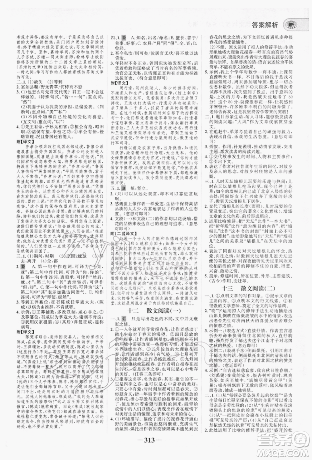 未來出版社2022世紀(jì)金榜初中全程復(fù)習(xí)方略語文人教版青海專版參考答案