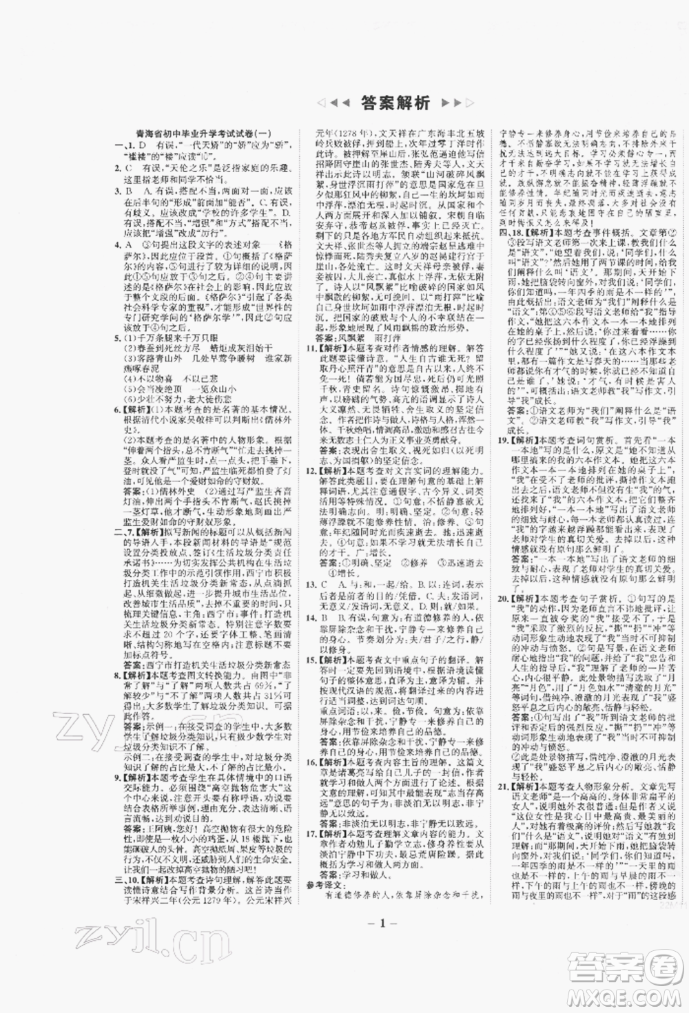 未來出版社2022世紀(jì)金榜初中全程復(fù)習(xí)方略語文人教版青海專版參考答案