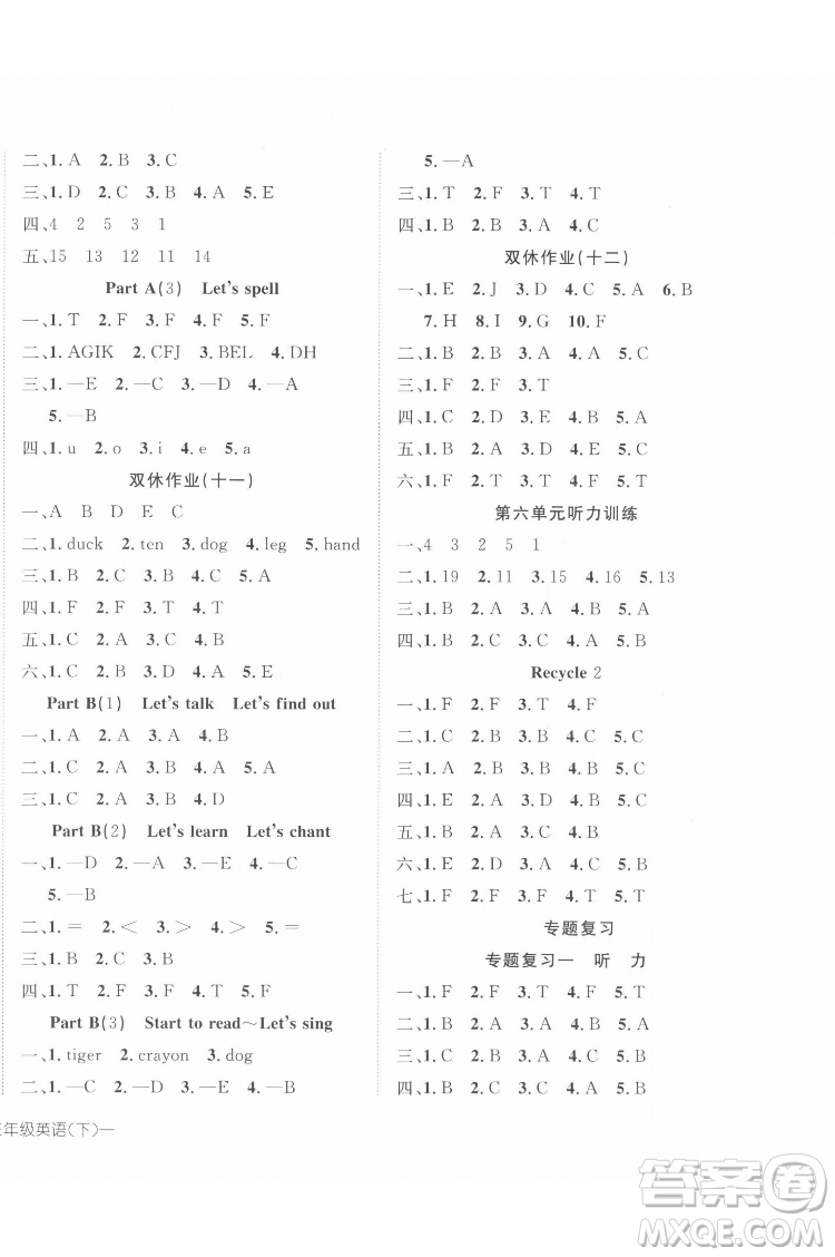 武漢出版社2022探究樂(lè)園英語(yǔ)三年級(jí)下冊(cè)PEP人教版答案