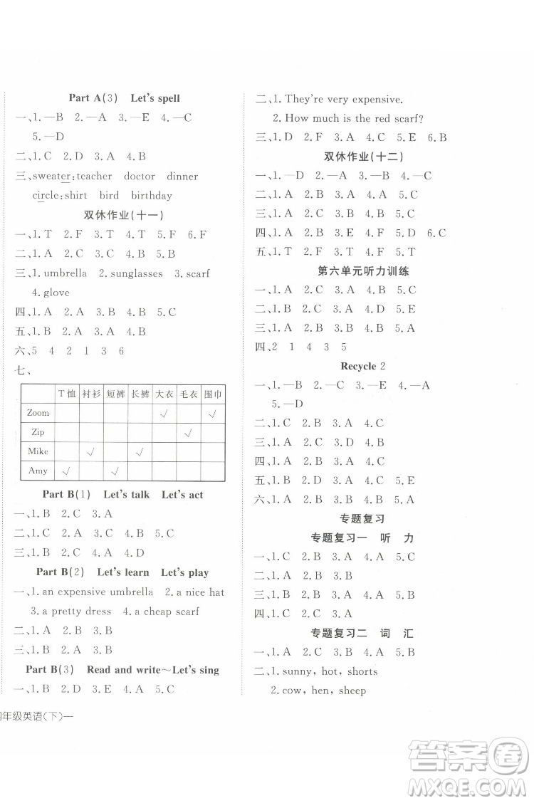 武漢出版社2022探究樂園英語四年級下冊PEP人教版答案