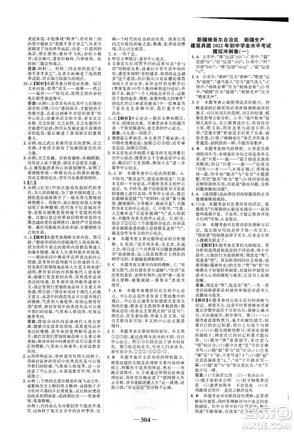 河北少年兒童出版社2022世紀(jì)金榜初中全程復(fù)習(xí)方略語(yǔ)文人教版新疆專版參考答案