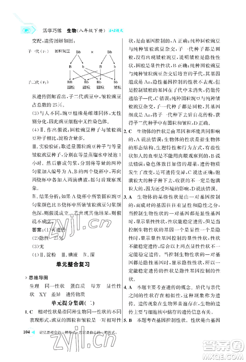浙江科學(xué)技術(shù)出版社2022世紀(jì)金榜活學(xué)巧練八年級下冊生物人教版參考答案