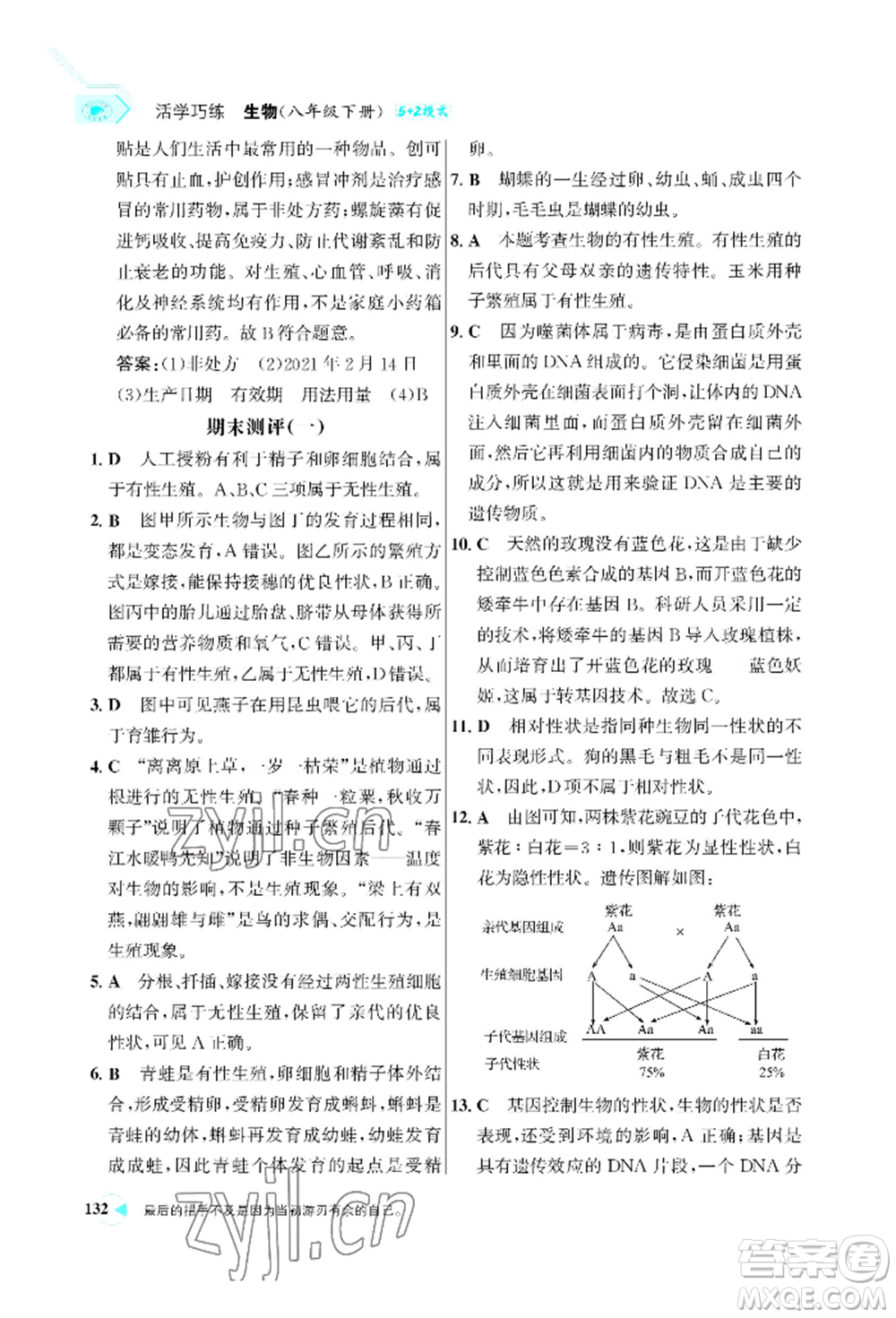 浙江科學(xué)技術(shù)出版社2022世紀(jì)金榜活學(xué)巧練八年級下冊生物人教版參考答案