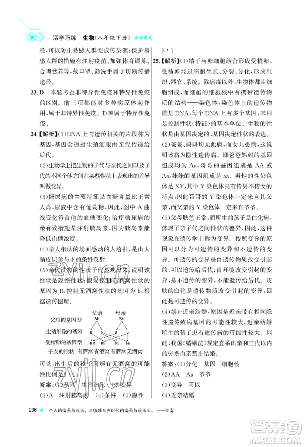 浙江科學(xué)技術(shù)出版社2022世紀(jì)金榜活學(xué)巧練八年級下冊生物人教版參考答案