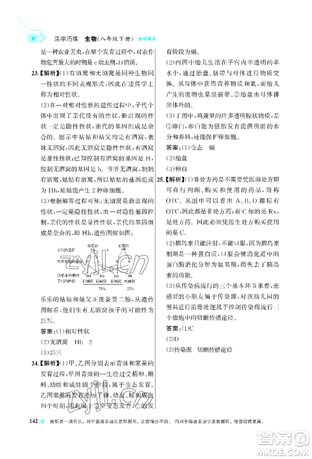 浙江科學(xué)技術(shù)出版社2022世紀(jì)金榜活學(xué)巧練八年級下冊生物人教版參考答案