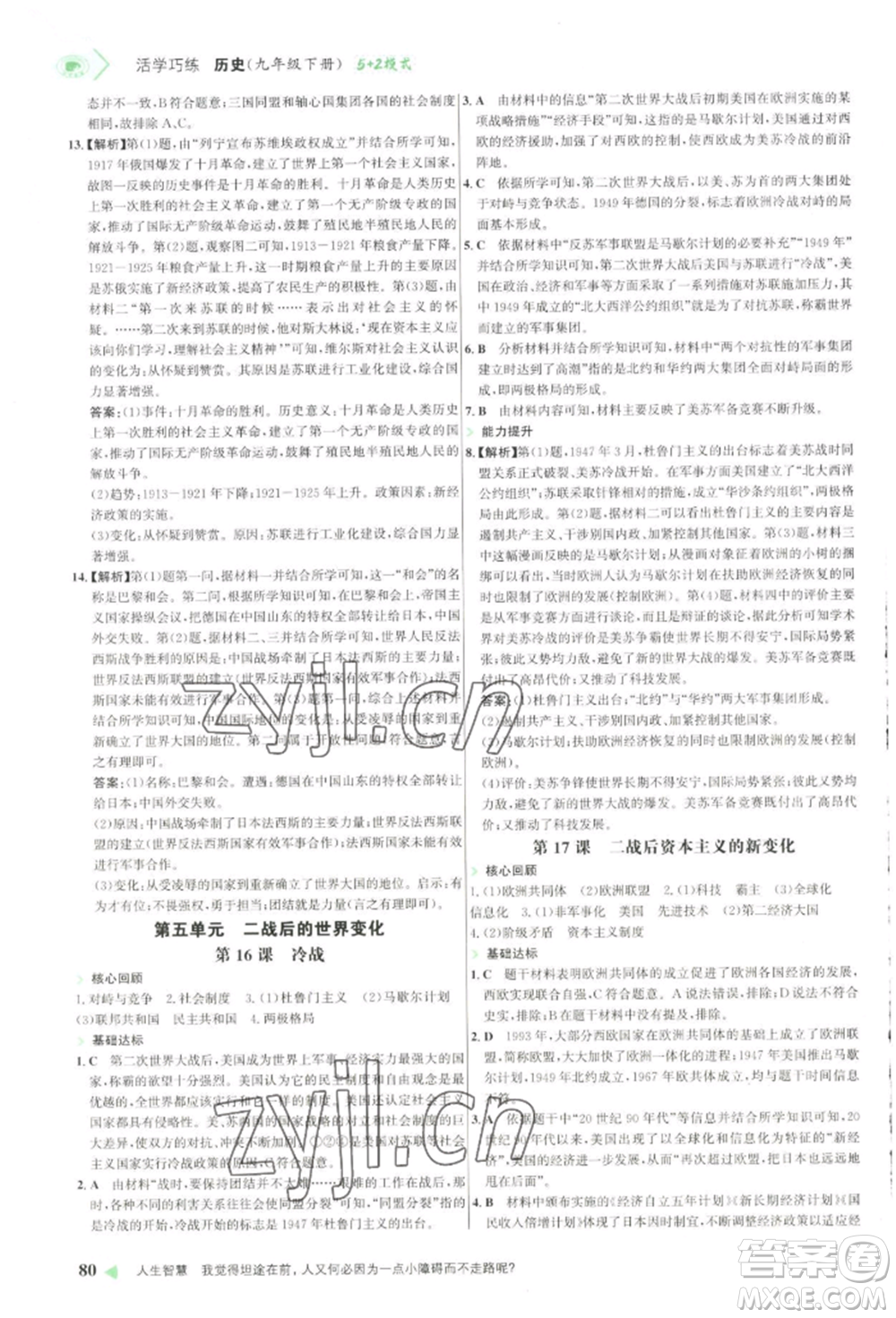 浙江科學技術出版社2022世紀金榜活學巧練九年級下冊歷史人教版參考答案