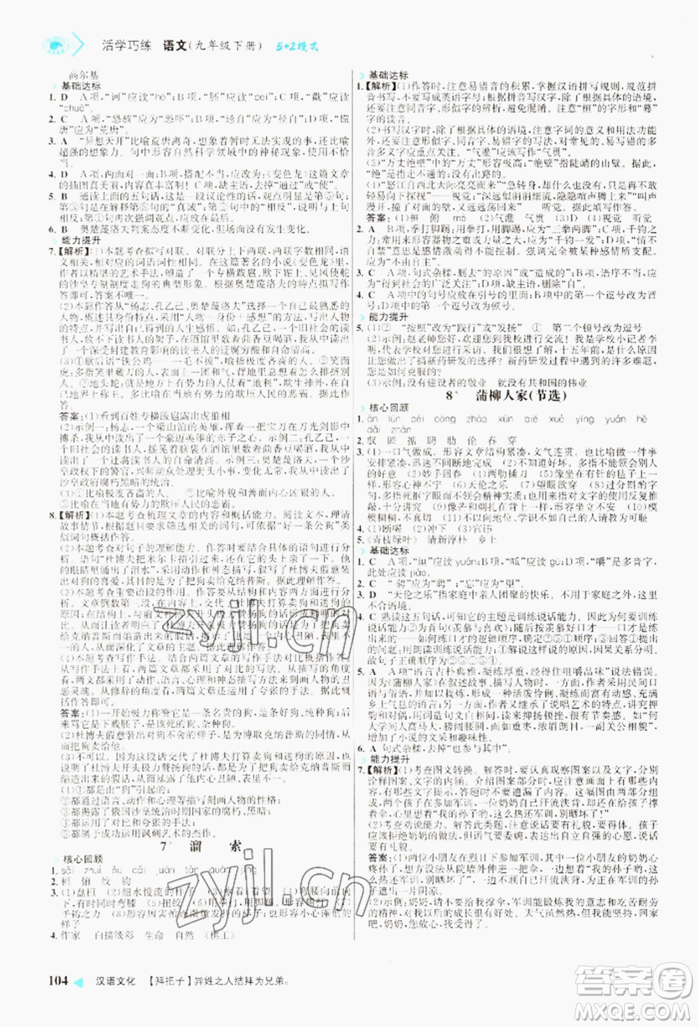 浙江科學(xué)技術(shù)出版社2022世紀(jì)金榜活學(xué)巧練九年級下冊語文人教版參考答案