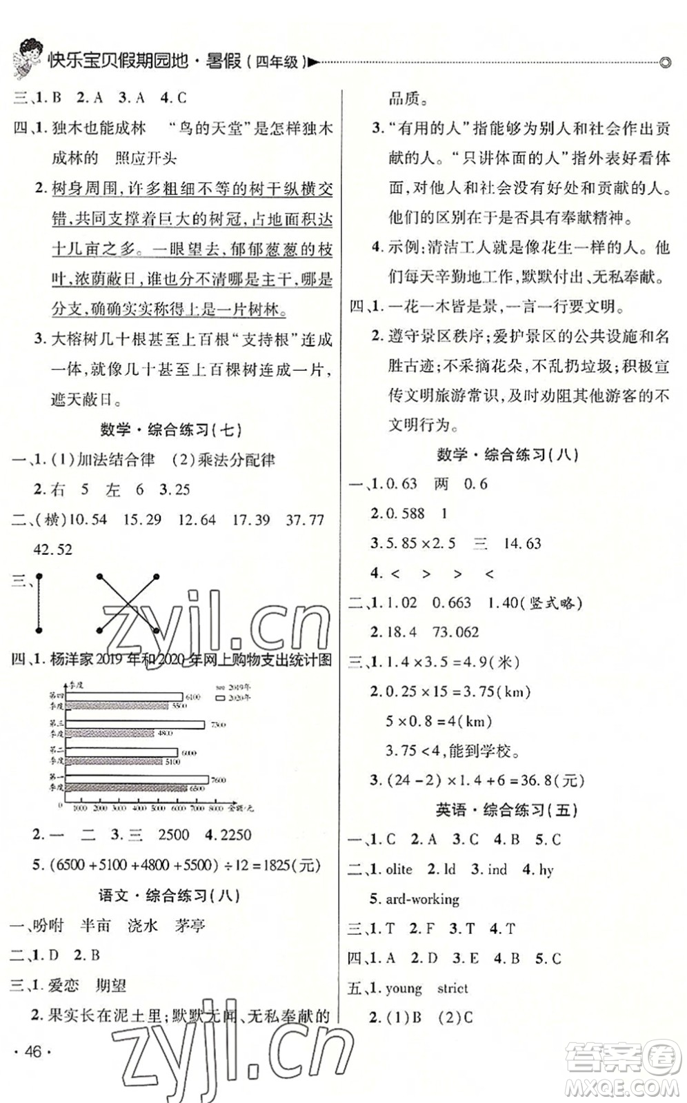 北京交通大學(xué)出版社2022快樂(lè)寶貝假期園地暑假四年級(jí)語(yǔ)文數(shù)學(xué)英語(yǔ)合訂本廣東專版答案