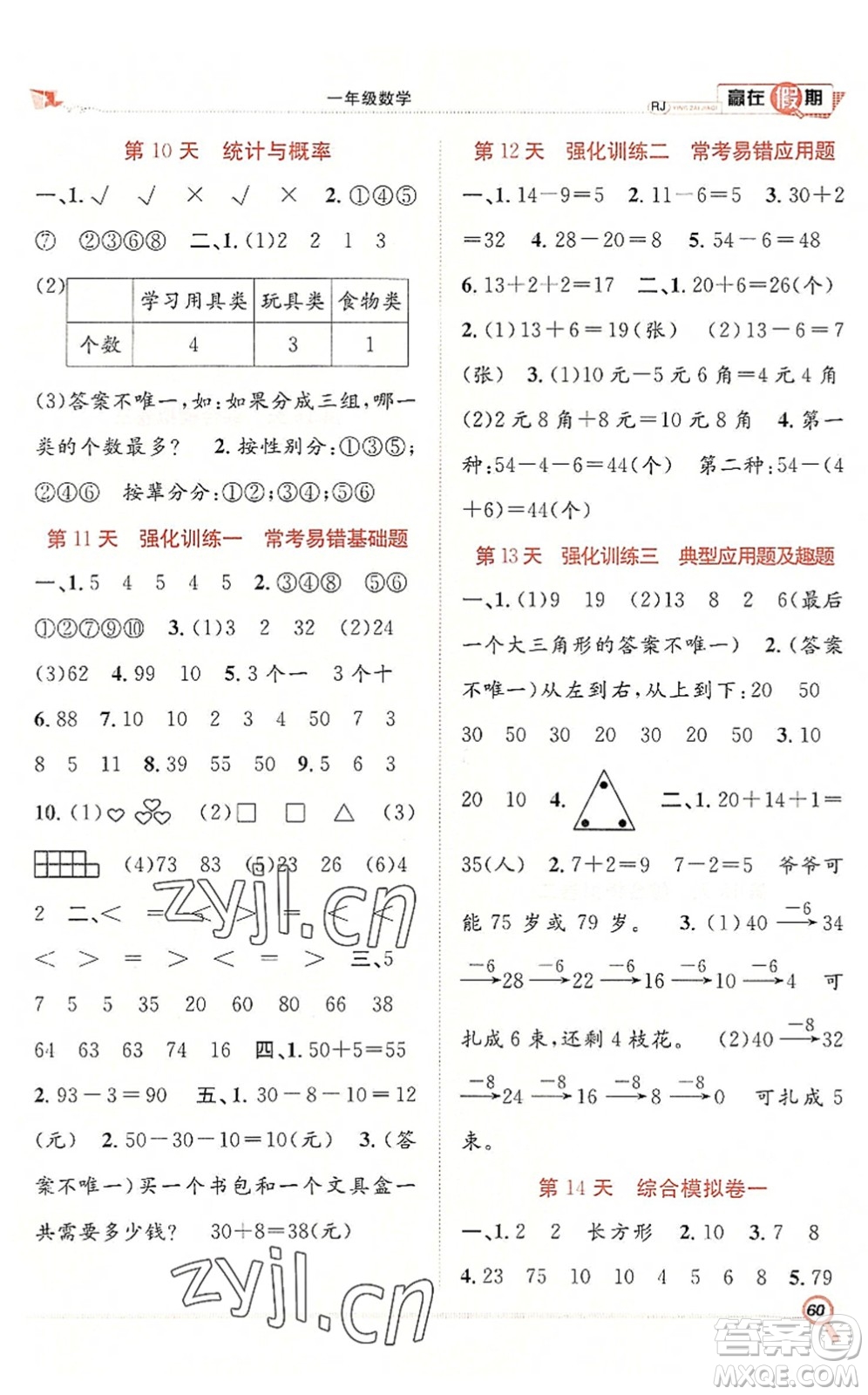 合肥工業(yè)大學(xué)出版社2022贏在假期期末+暑假一年級數(shù)學(xué)RJ人教版答案