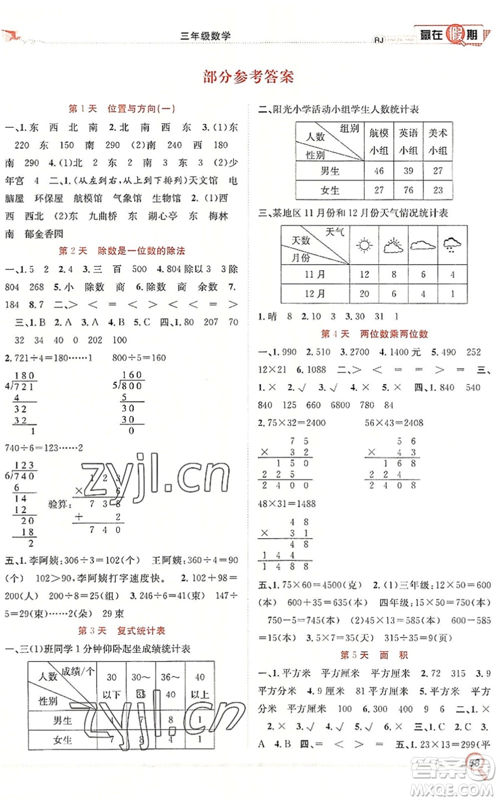 合肥工業(yè)大學出版社2022贏在假期期末+暑假三年級數(shù)學RJ人教版答案
