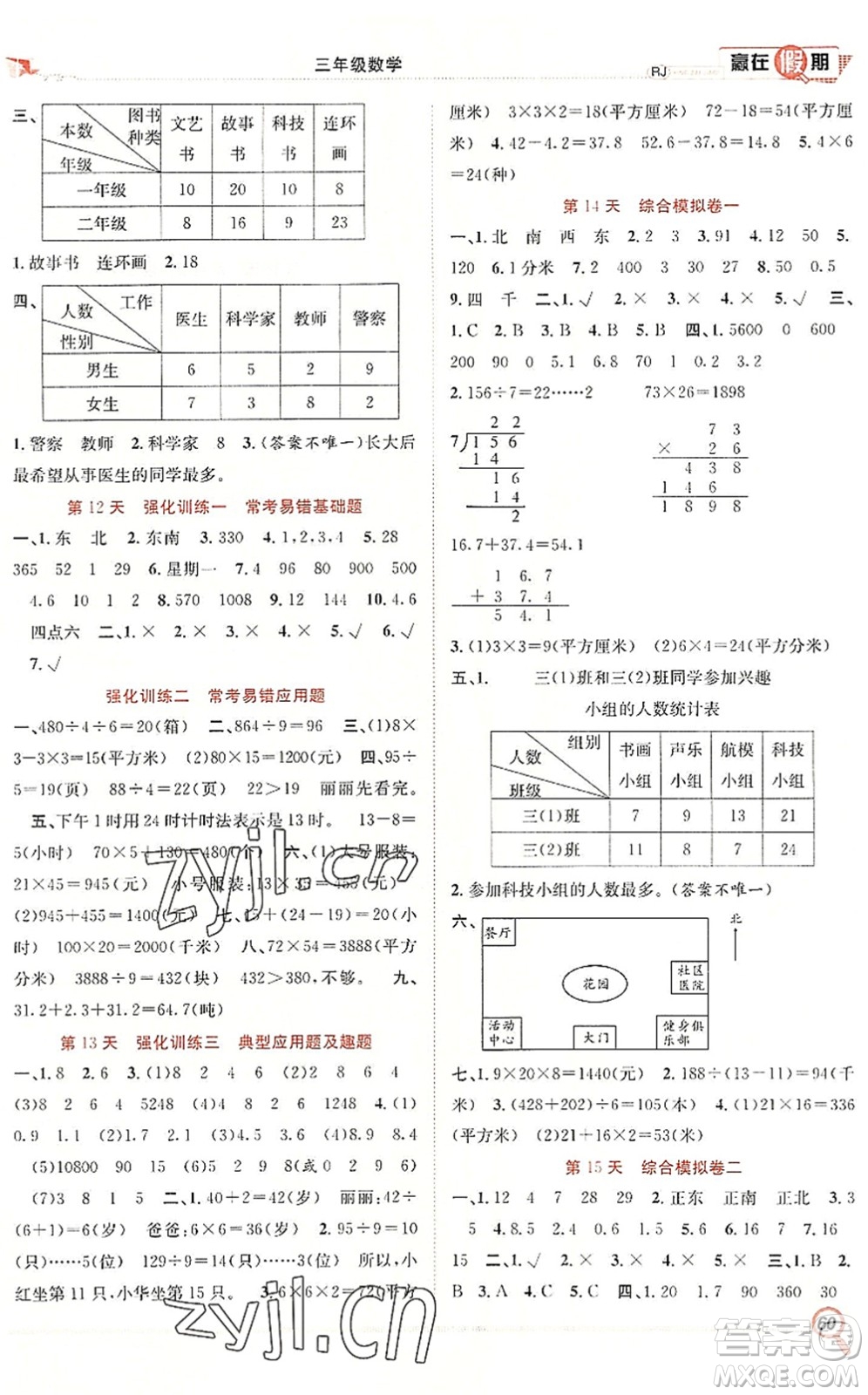 合肥工業(yè)大學出版社2022贏在假期期末+暑假三年級數(shù)學RJ人教版答案