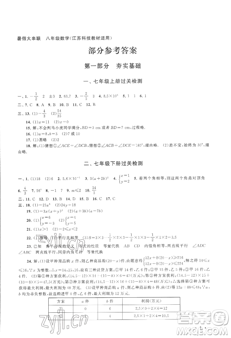 黃山出版社2022暑假大串聯(lián)數(shù)學八年級江蘇科技教材適用答案
