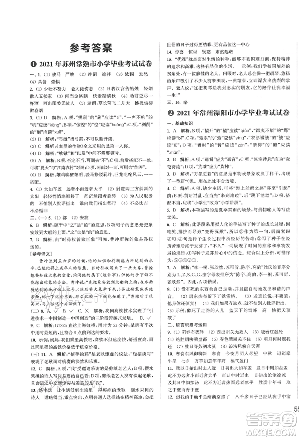 福建少年兒童出版社2022小學(xué)畢業(yè)考試試卷精編語文通用版江蘇專版參考答案