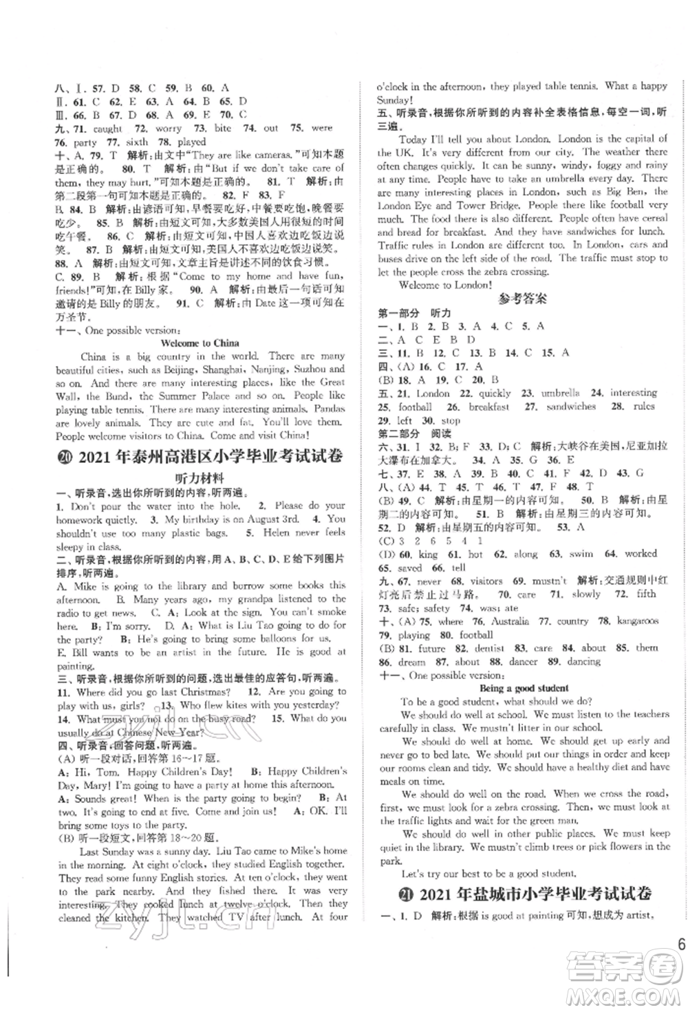 福建少年兒童出版社2022小學畢業(yè)考試試卷精編英語通用版江蘇專版參考答案