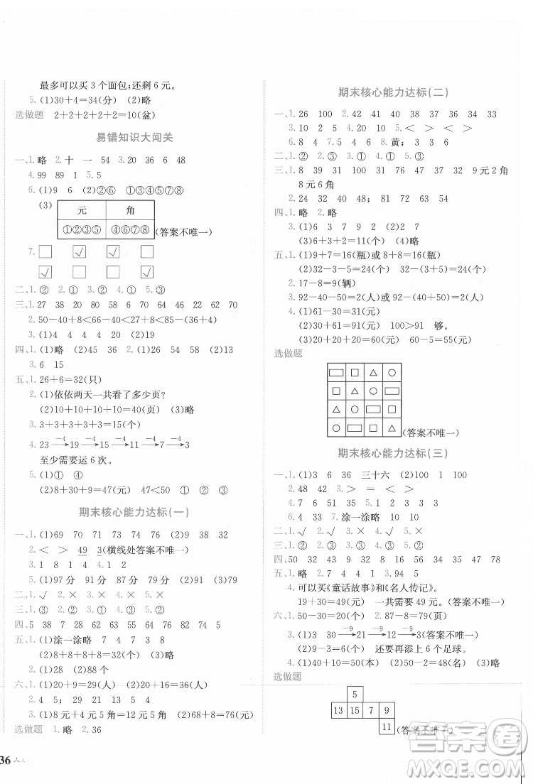 龍門書局2022黃岡小狀元達標卷一年級數(shù)學下冊人教版答案