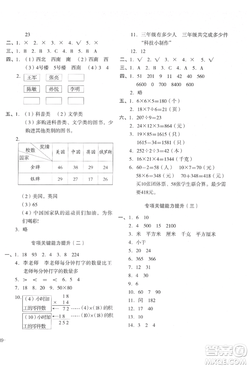湖南教育出版社2022學(xué)科素養(yǎng)與能力提升三年級(jí)下冊(cè)數(shù)學(xué)人教版參考答案
