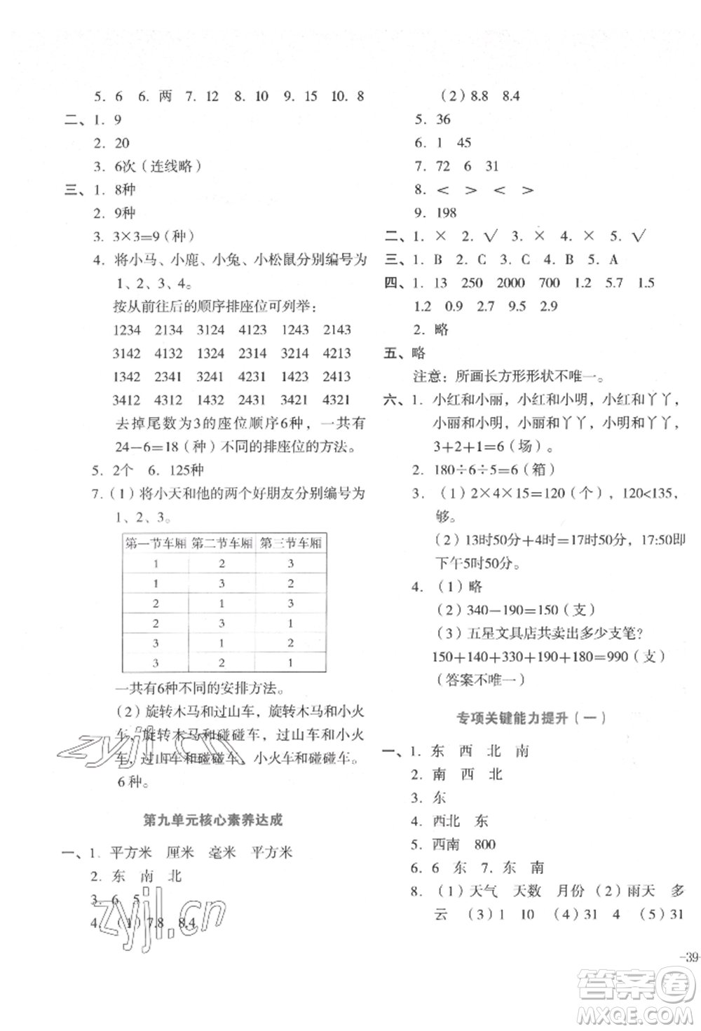 湖南教育出版社2022學(xué)科素養(yǎng)與能力提升三年級(jí)下冊(cè)數(shù)學(xué)人教版參考答案